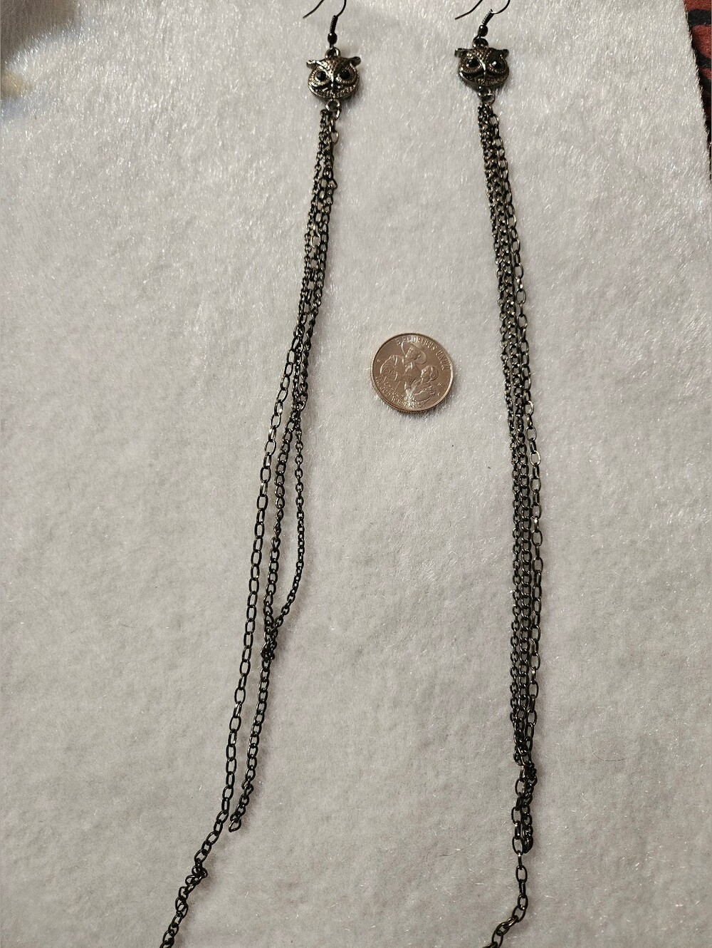 Long Owl Drop Earrings in Gunmetal